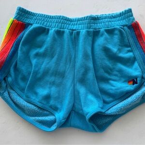 Aviator Nation Blue Shorts with Rainbow Stripes